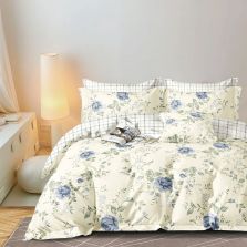 Lenjerie pat dublu 6 piese Percale Bumbac 100%, 6 piese, cu husa saltea 160x200 sau 180x200 cm, pilota 200x230 cm, 2 fete perna 50x70 cm si 70x70 cm, Flori Crem / Albastru, Pucioasa