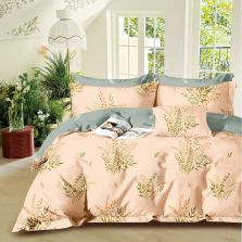 Lenjerie pat dublu Percalle imprimat Bumbac 100%, 4 piese, cearsaf pat 240x260 cm, pilota 200x230 cm, 2 fete perna 50x70 cm, Crengute Bej / Verde, Pucioasa