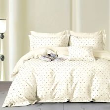 Lenjerie pat dublu 6 piese Percale Bumbac 100%, 6 piese, cu husa saltea 160x200 sau 180x200 cm, pilota 200x230 cm, 2 fete perna 50x70 cm si 70x70 cm, Buline Crem / Negru, Pucioasa