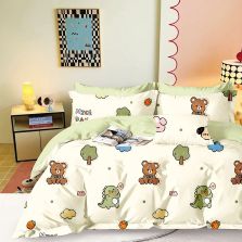 Lenjerie pat dublu Percalle imprimat Bumbac 100%, 4 piese, cearsaf pat 240x260 cm, pilota 200x230 cm, 2 fete perna 50x70 cm, Ursuleti Crem / Verde, Pucioasa