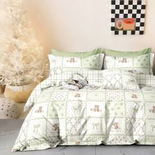 Lenjerie pat dublu Percalle imprimat Bumbac 100%, 4 piese, cearsaf pat 240x260 cm, pilota 200x230 cm, 2 fete perna 50x70 cm, Ursuleti Maro / Verde, Pucioasa