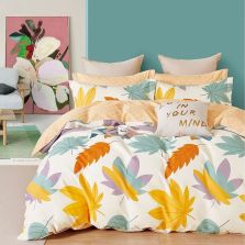 Lenjerie pat dublu 6 piese Percale Bumbac 100%, 6 piese, cu husa saltea 160x200 sau 180x200 cm, pilota 200x230 cm, 2 fete perna 50x70 cm si 70x70 cm, Frunze colorate Galben, Pucioasa