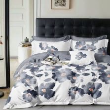 Lenjerie pat dublu 6 piese Percale Bumbac 100%, 6 piese, cu husa saltea 160x200 sau 180x200 cm, pilota 200x230 cm, 2 fete perna 50x70 cm si 70x70 cm, Imprimeu floral Alb / Gri, Pucioasa