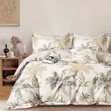 Lenjerie pat dublu extra large Percalle imprimat Bumbac 100%, 6 piese, cearsaf pat 240x260 cm, pilota 200x230 cm, 2 fete perna 50x70 cm si 70x70 cm, Palmieri Bej, Pucioasa