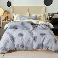 Lenjerie pat o persoana Percalle imprimat Bumbac 100%, 3 piese, cearsaf pat 160x240 cm, pilota 150x220 cm, fata perna 50x70 cm, Pana Bej / Gri, Pucioasa