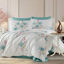 Lenjerie pat Ranforce Cotton Pro Bumbac 100%, 1 persoana cu husa, 3 piese Motiv floral Alb/Turcoaz RCP36