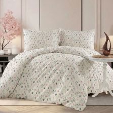 Lenjerie pat Ranforce Cotton Pro Bumbac 100%, 1 persoana, 3 piese Frunze Crem/Roz RCP49