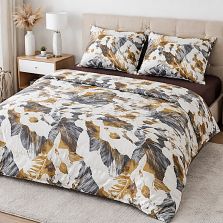 Lenjerie pat Ranforce Cotton Pro Bumbac 100%, King Size cu husa, 6 piese Frunze exotice Maro/Gri RCP68