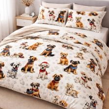 Lenjerie pat Ranforce Cotton Pro Bumbac 100%, 1 persoana cu husa, 3 piese Catelusi Crem/Maro RCP69 Ralex Pucioasa