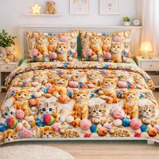 Lenjerie pat Ranforce Cotton Pro Bumbac 100%, King Size, 4 piese Pisicute Portocaliu/Turcoaz RCP70 Ralex Pucioasa