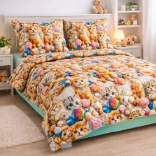 Lenjerie pat Ranforce Cotton Pro Bumbac 100%, King Size, 6 piese Pisicute Portocaliu/Turcoaz RCP70 Ralex Pucioasa