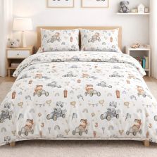 Lenjerie pat Ranforce Cotton Pro Bumbac 100%, 1 persoana cu husa, 3 piese Imprimeu animalute Alb/Bej RCP72 Ralex Pucioasa