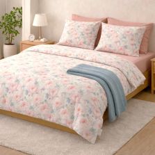 Lenjerie pat Ranforce Cotton Pro Bumbac 100%, King Size, 6 piese Bujori Roz/Albastru RCP81 Ralex Pucioasa