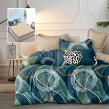 Lenjerie pat dublu Finet Bumbac 6 piese cu husa saltea 160x200 sau 180x200 cm, pilota 200x230 cm, 2 fete perna 50x70 si 70x70 cm, Bej / Verde, Pucioasa REAGAN H