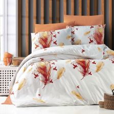 Lenjerie de pat dublu Bumbac Ranforce 4 piese cearsaf pat 240 x 260 cm, pilota 200x230 cm, 2 fete perne 50x70 cm, Alb / Rosu corai, Ralex Pucioasa