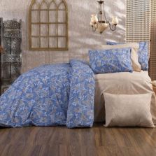 Lenjerie de pat dublu Bumbac Ranforce 4 piese cearsaf pat 240 x 260 cm, pilota 200x230 cm, 2 fete perne 50x70 cm, Albastru-Bej, Ralex Pucioasa