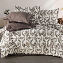 Lenjerie de pat dublu Bumbac Ranforce 4 piese cearsaf pat 240 x 260 cm, pilota 200x230 cm, 2 fete perne 50x70 cm, Alb / Maro, Ralex Pucioasa 