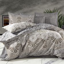 Lenjerie de pat dublu Bumbac Ranforce 4 piese cearsaf pat 240 x 260 cm, pilota 200x230 cm, 2 fete perne 50x70 cm, Crem / Gri, Ralex Pucioasa