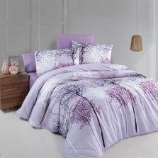 Lenjerie de pat dublu Bumbac Ranforce 4 piese cearsaf pat 240 x 260 cm, pilota 200x230 cm, 2 fete perne 50x70 cm, Mov / Alb, Ralex Pucioasa