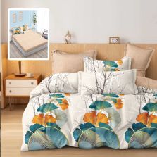 Lenjerie pat dublu Finet Bumbac 6 piese cu husa saltea 160x200 sau 180x200 cm, pilota 200x230 cm, 2 fete perna 50x70 si 70x70 cm, Bej / Verde, Pucioasa TARA V2