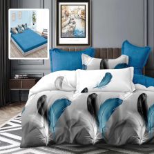 Lenjerie pat dublu Finet Bumbac 6 piese cu husa saltea 160x200 sau 180x200 cm, pilota 200x230 cm, 2 fete perna 50x70 si 70x70 cm, Turcoaz / Gri, Pucioasa TINA V1