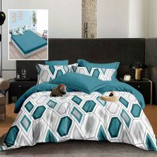 Lenjerie pat dublu Finet Bumbac 6 piese cu husa saltea 160x200 sau 180x200 cm, pilota 200x230 cm, 2 fete perna 50x70 si 70x70 cm, Turcoaz / Gri, Pucioasa TRINITY H