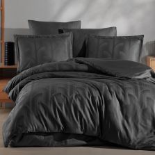 Lenjerie pat dublu Jacquard 100% Bumbac 6 piese, cearsaf pat 240x260 cm, pilota 200x220 cm, 2 fete perne 50x70 si 70x70 cm, Clasy, Negru VEGA