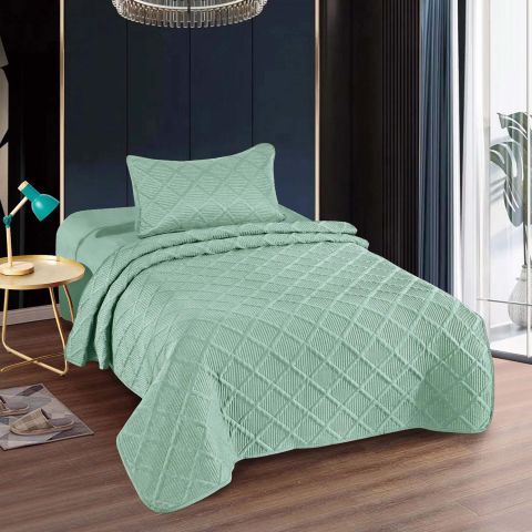 Cuvertura matlasata pat UNI 160x230 cm cu o fata perna 50x70 cm, model romb, Verde Mint