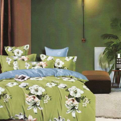 Lenjerie de pat dublu bumbac Finet 6 piese 220 x 240 cm, pilota 200x230 cm, 2 fete perna 50x70 si 70x70 cm, Verde-Albastru, Pucioasa M277