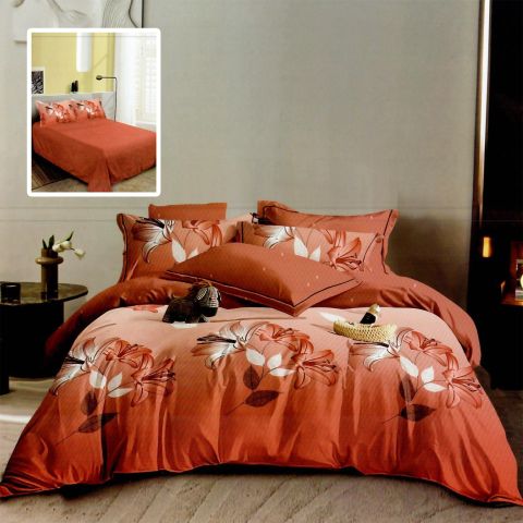 Lenjerie de pat dublu bumbac Finet 6 piese 220 x 240 cm, pilota 200x230 cm, 2 fete perna 50x70 si 70x70 cm, Portocaliu, Pucioasa M474