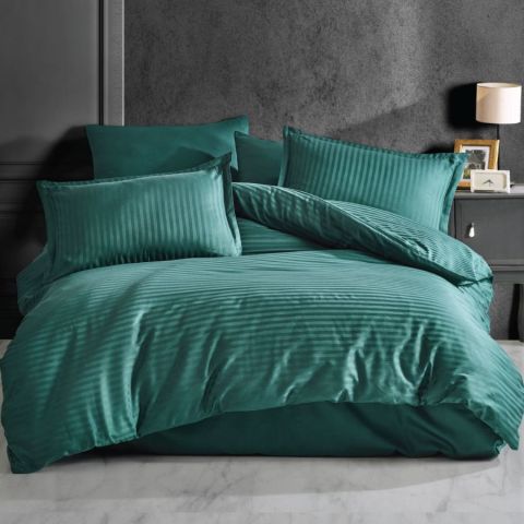 Lenjerie de pat o persoana Damasc linear Bumbac 100% tip Hotel cu dunga 1 cm, 3 piese, cearsaf pat 160x240 cm, cearsaf pilota 140x220 cm, fata perna 50x70 cm Verde Petrol