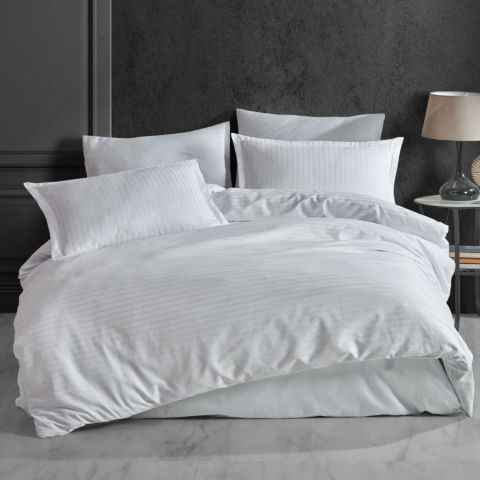 Lenjerie de pat 2 persoane Damasc linear Bumbac 100% tip Hotel cu dunga 1 cm, 4 piese, cearsaf pat 220x240 cm, cearsaf pilota 180x220 cm, 2 fete perne 50x70 cm Alb
