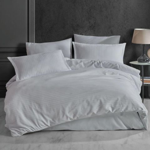 Lenjerie de pat 2 persoane Damasc linear Bumbac 100% tip Hotel cu dunga 1 cm, 4 piese, cearsaf pat 220x240 cm, cearsaf pilota 180x220 cm, 2 fete perne 50x70 cm Gri