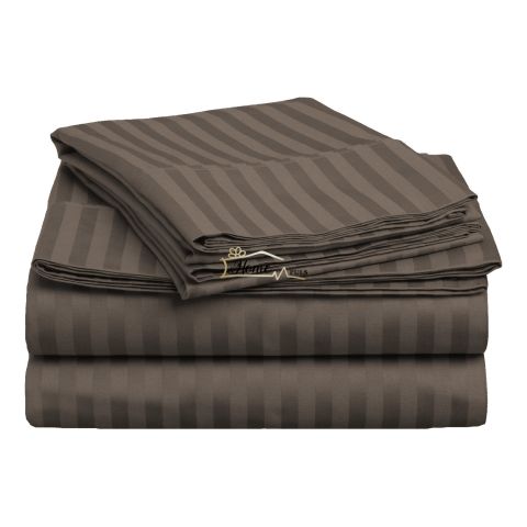 Cearsaf de pat cu elastic Damasc Bumbac 100% dunga 1 cm, 130x250 cm pentru saltea 80x200 cm, Maro