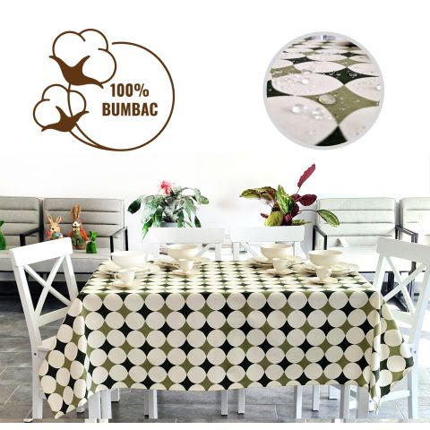 Fata de masa antimurdarire 100% Bumbac Diametru 180 cm, Imprimeu traditional Buline Crem Verde