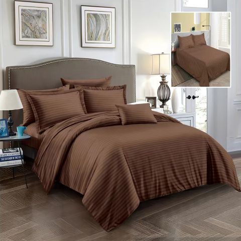 Lenjerie pat dublu 6 piese Damasc Policoton, cearsaf pat 230x250 cm, pilota 200x230 cm, fete perne 50x70 cm si 70x70 cm, dunga 1 cm Maro (6DP48) 