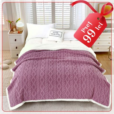 Patura cu blanita model tip Tricot, pentru pat dublu 200 x 230 cm, Lila
