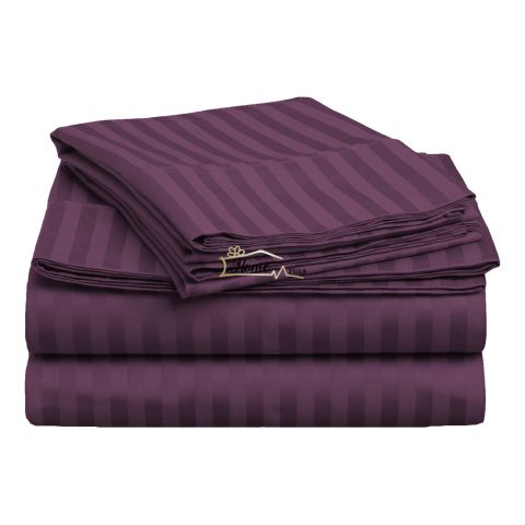 Cearsaf de pat 2 persoane Damasc Bumbac 100% tip Hotel cu dunga 1 cm, 220x240 cm, Mov, Pucioasa
