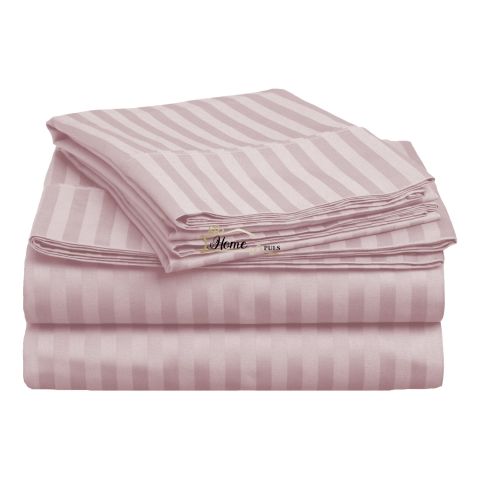 Cearsaf de pat 2 persoane king size Damasc Bumbac 100% tip Hotel cu dunga 1 cm, 240x260 cm, Roz Pudra