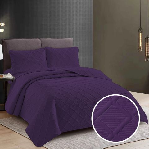 Cuvertura matlasata pat UNI 230x250 cm cu 2 fete perne 50x70 cm, model romb, Mov