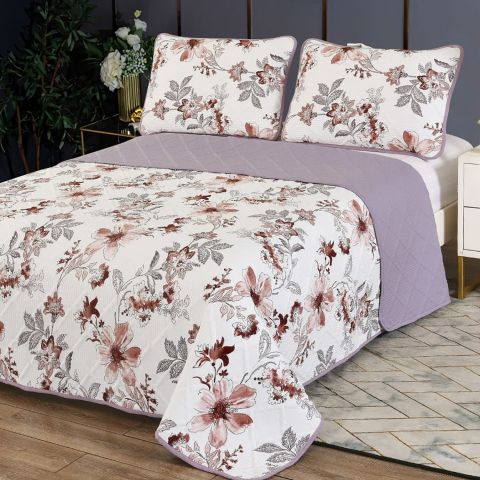 Cuvertura pat matlasata imprimta 230x250 cm cu 2 fete perne 50x70 cm, Imprimeu floral Rosu
