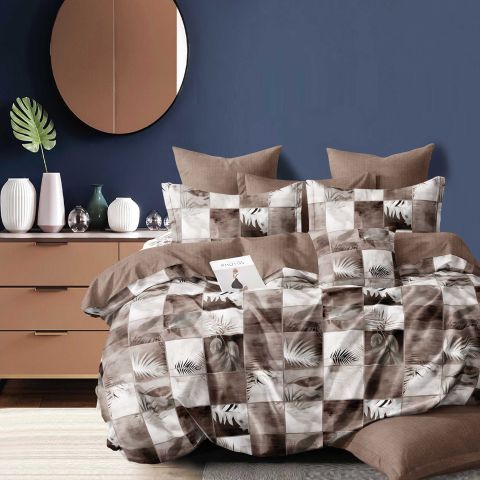 Lenjerie pat dublu Economy 4 piese, cearsaf pat 230x250 cm si pilota 200x230 cm, 2 fete perne 50x70, Model frunze Maro ECN10