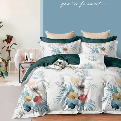 Lenjerie pat dublu Economy 4 piese, cearsaf pat 230x250 cm si pilota 200x230 cm, 2 fete perne 50x70, Motiv floral Alb ECN13