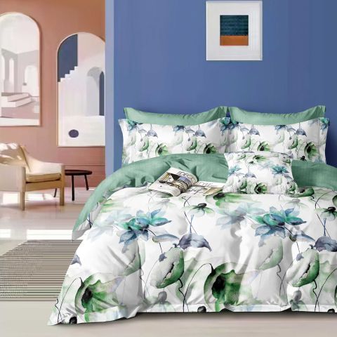 Lenjerie pat dublu Economy 4 piese, cearsaf pat 230x250 cm si pilota 200x230 cm, 2 fete perne 50x70, Imprimeu floral Verde ECN26