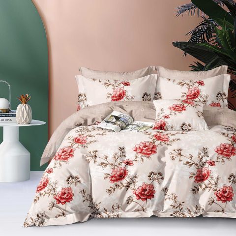 Lenjerie pat dublu Economy 4 piese, cearsaf pat 230x250 cm si pilota 200x230 cm, 2 fete perne 50x70, Crengute cu flori Bej ECN3