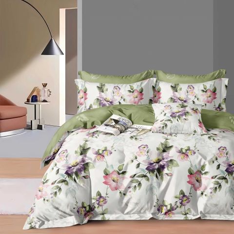 Lenjerie pat dublu Economy 4 piese, cearsaf pat 230x250 cm si pilota 200x230 cm, 2 fete perne 50x70, Imprimeu floricele Alb ECN5