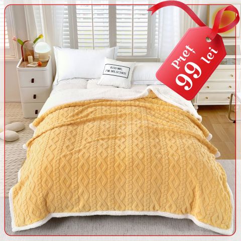 Patura cu blanita model tip Tricot, pentru pat dublu 200 x 230 cm, Galben
