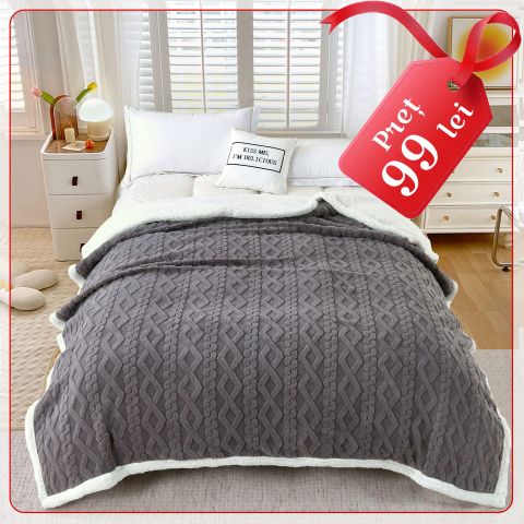 Patura cu blanita model tip Tricot, pentru pat dublu 200 x 230 cm, Gri
