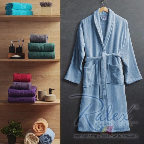 Halat de baie si SPA Hotel cu guler Kimono Velur 100% Bumbac, unisex, 420 gr./mp, Bleu L / XL