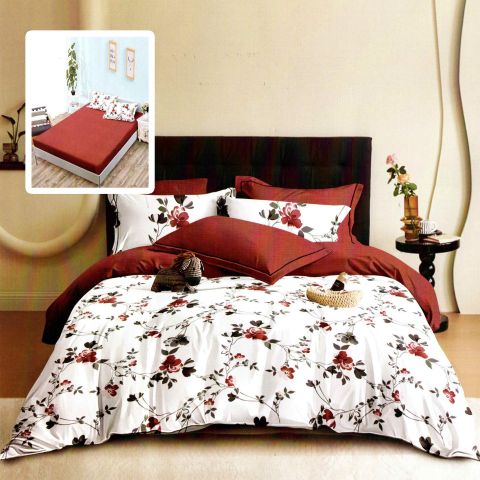 Lenjerie pat dublu Finet Bumbac 6 piese cu husa saltea 160x200 sau 180x200 cm, pilota 200x230 cm, 2 fete perna 50x70 si 70x70 cm, Alb-Rosu, Pucioasa HF6P252